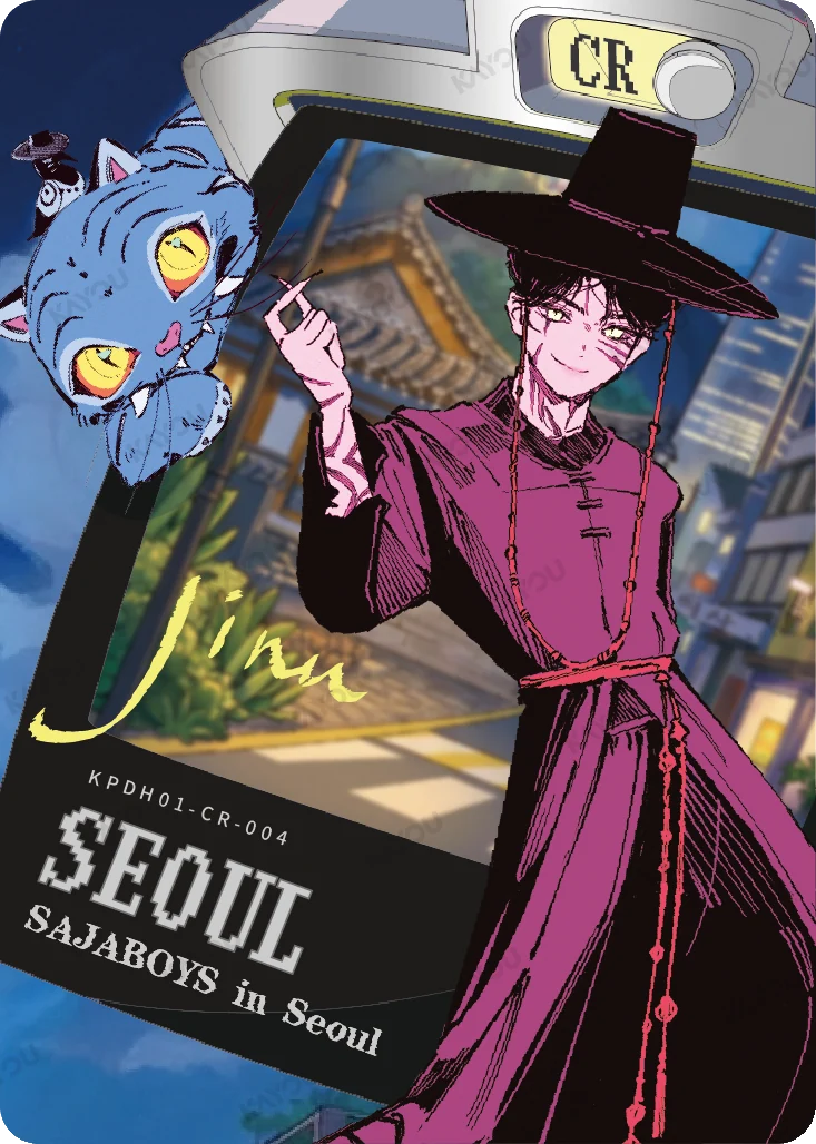 Картка CR KPDH01-CR-004: Джину, напис SEOUL і SAJABOYS in Seoul, золотий підпис Jinu