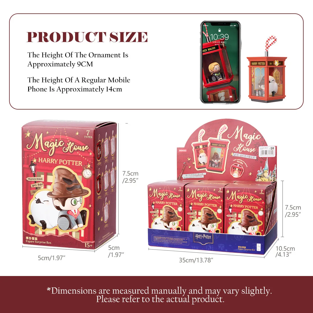 Розміри MINISO Harry Potter Magic House: підвіска близько 9 см поруч зі смартфоном, коробка 5x5x7,5 см