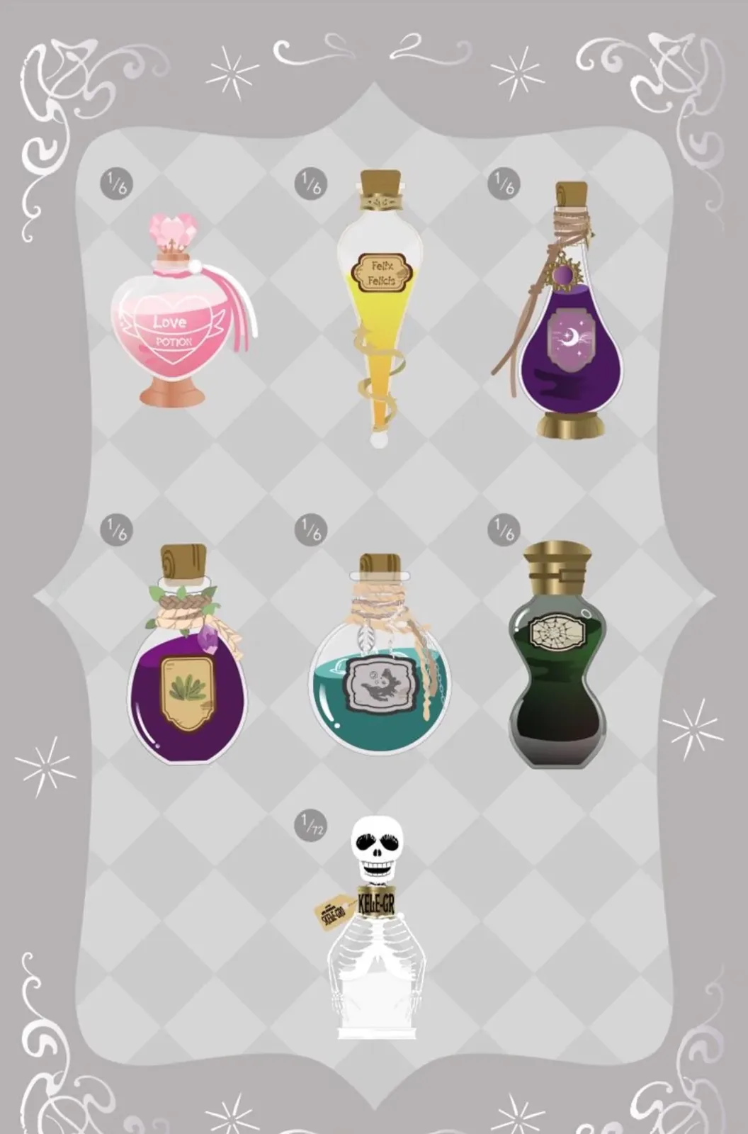 Промо-лист серії MINISO Harry Potter Potion Blind Box: шість флаконів зілля по 1/6 і секретний флакон Skele-Gro 1/72
